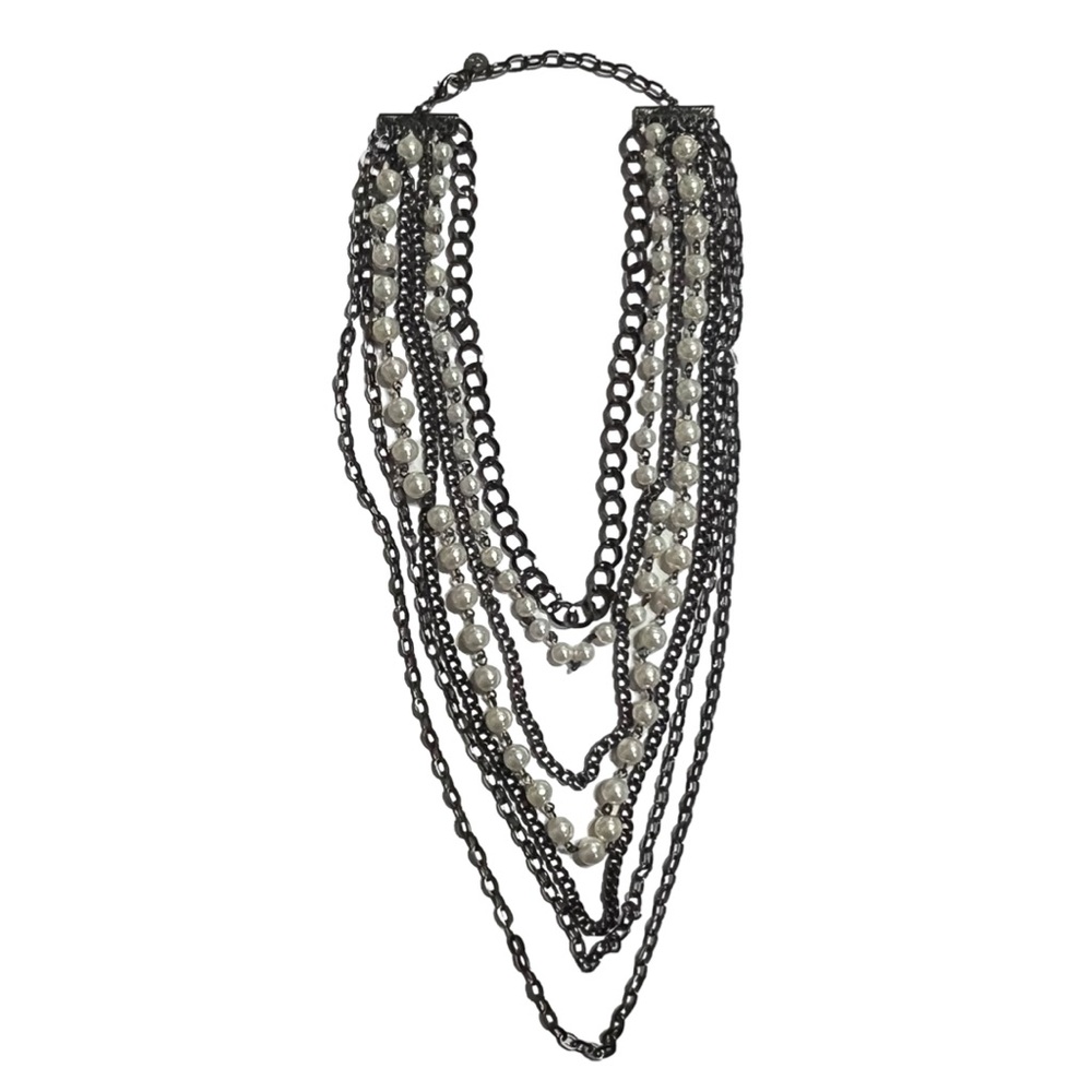 R.J. Graziano Faux Pearl‎ and Black Chain Multi-Strand Necklace